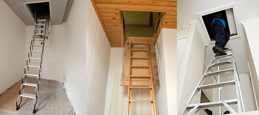 Scissor, wooden folding, and aluminum attic ladders shown side by side